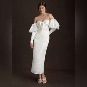 Ronny Kobo Amanda Off-Shoulder Puff-Sleeve Back-Slit Slim Midi Dress NEW size 6